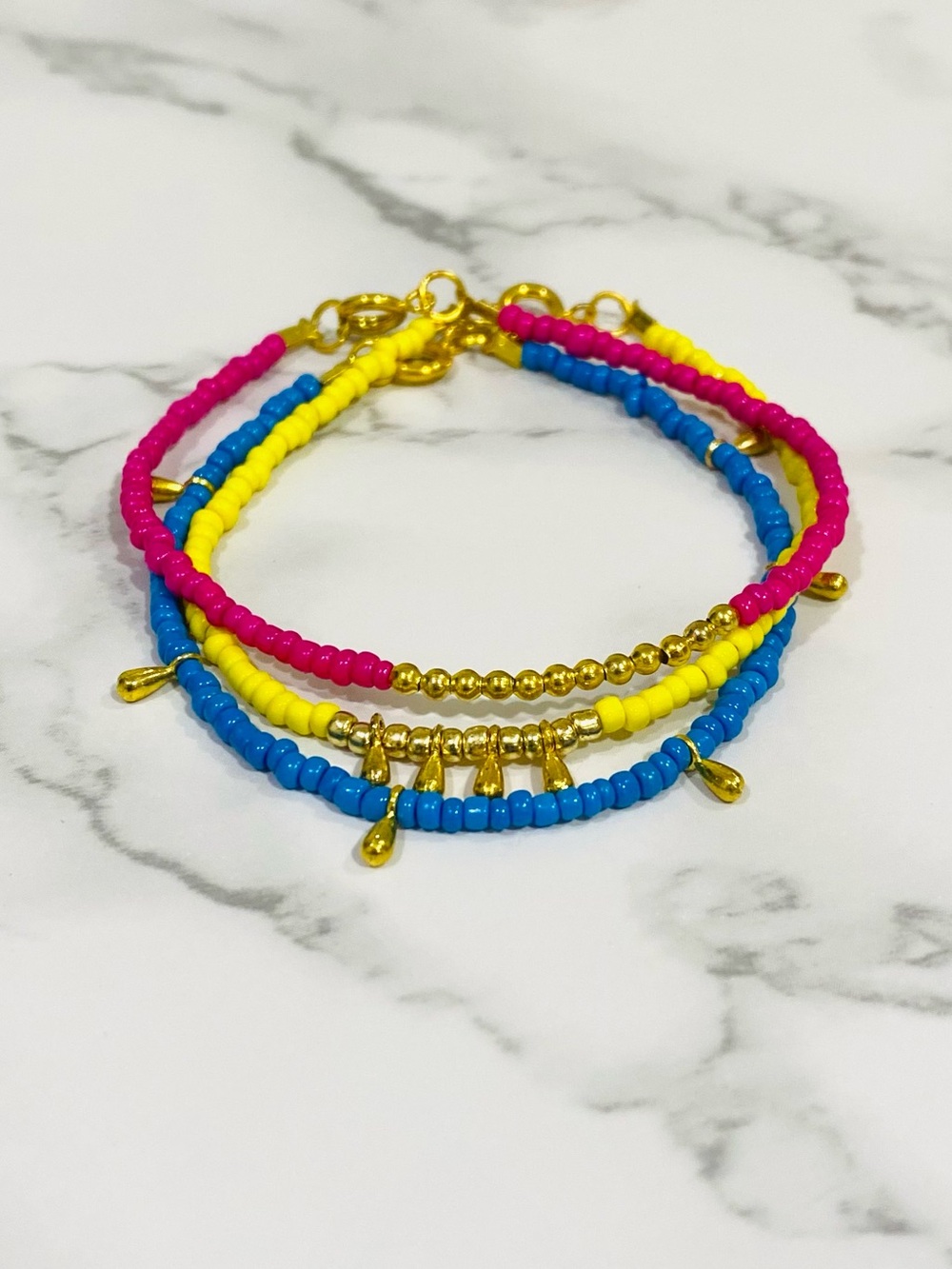 Set of 3, Handmade Yellow, Pink and Blue Beaded Bracelets with Gold Details
